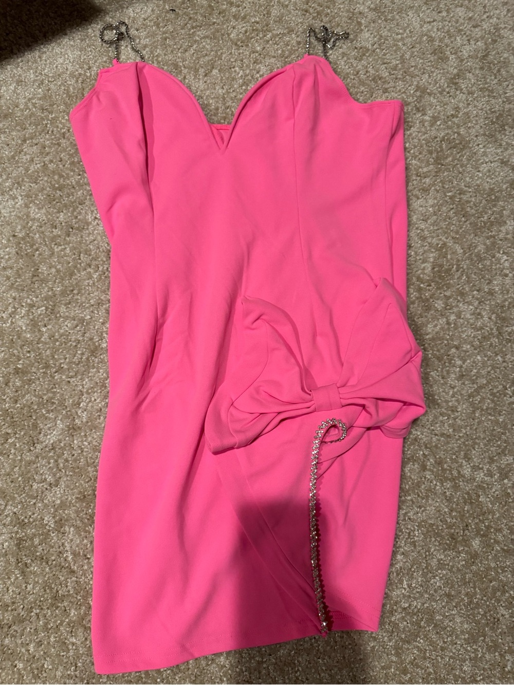 Fashion Nova Neon Pink Strapless Mini Dress with Rhinestone Chain